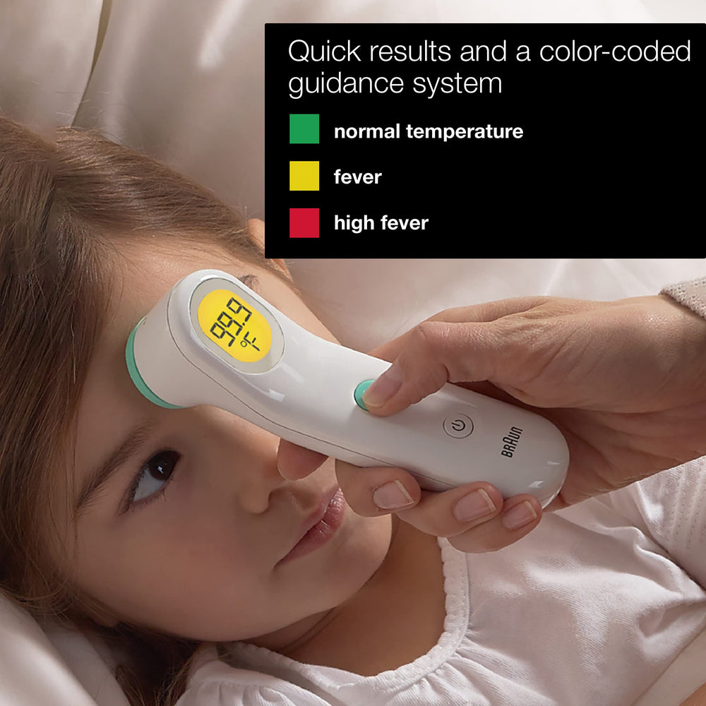 Braun Sensian Contact 5 thermometer includes batteries and protective cap for ready use