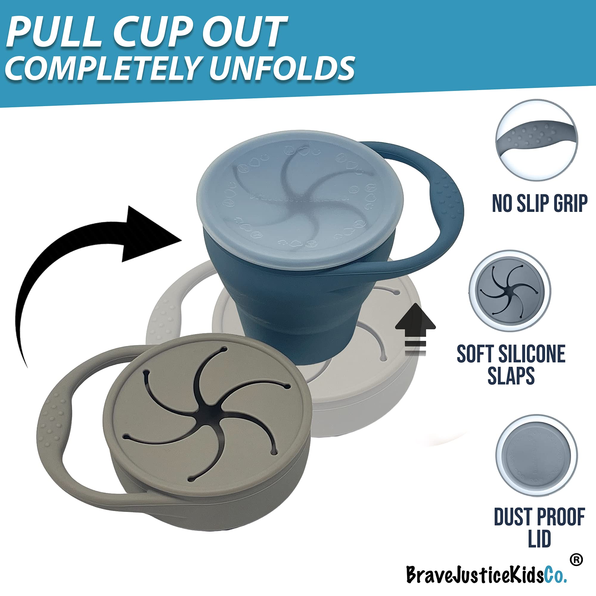 BraveJusticeKidsCo Snack Attack cup with handle grip supports tiny hands during feeding.