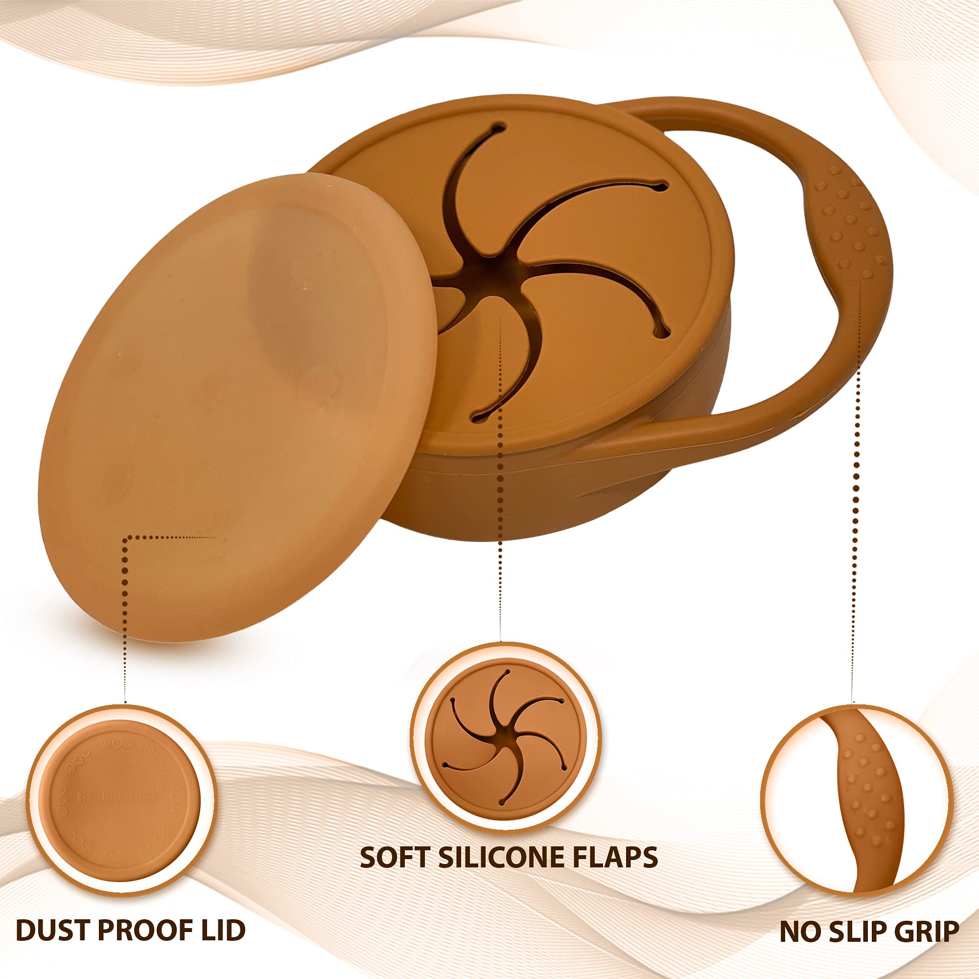 BraveJusticeKidsCo Snack Attack Cup durable silicone resists breaking compared to plastic.