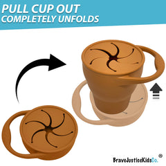 BraveJusticeKidsCo Snack Attack Cup with open lid for easy toddler snack access.