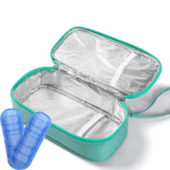 Breastmilk cooler bag green front view—compact, stylish travel solution for organized pumping on the go