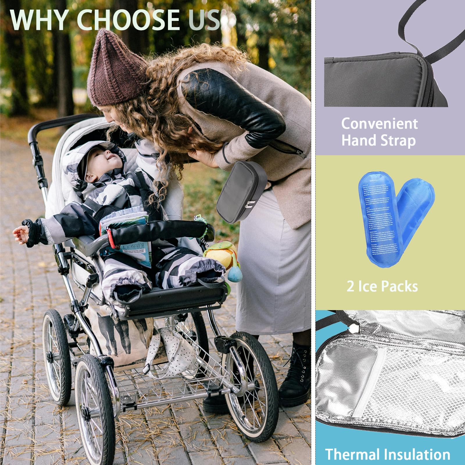 Breastmilk cooler bag green water-resistant material—protections against spills on trips