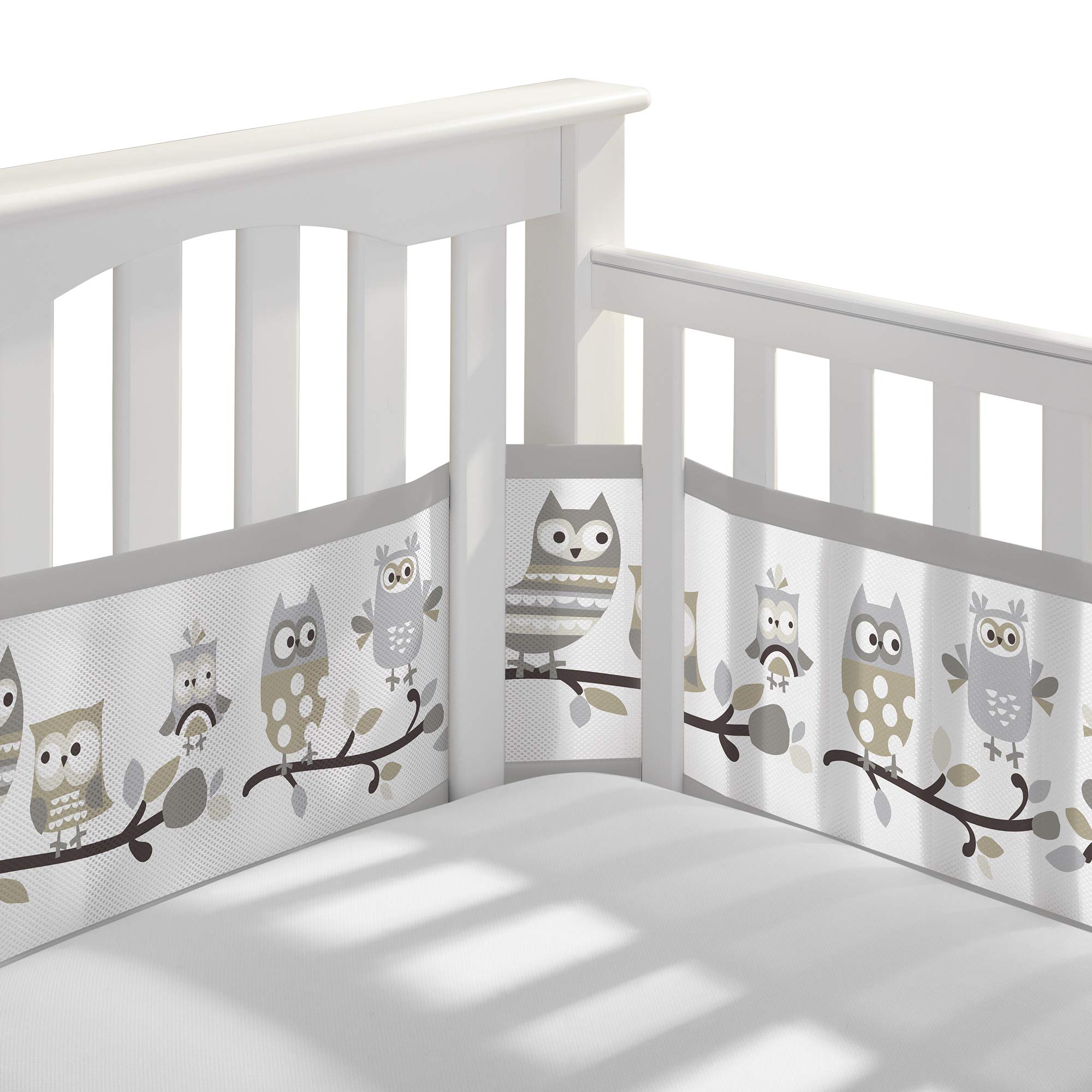 BreathableBaby breathable mesh liner closeup shows 3mm owl fun gray for safe airflow.