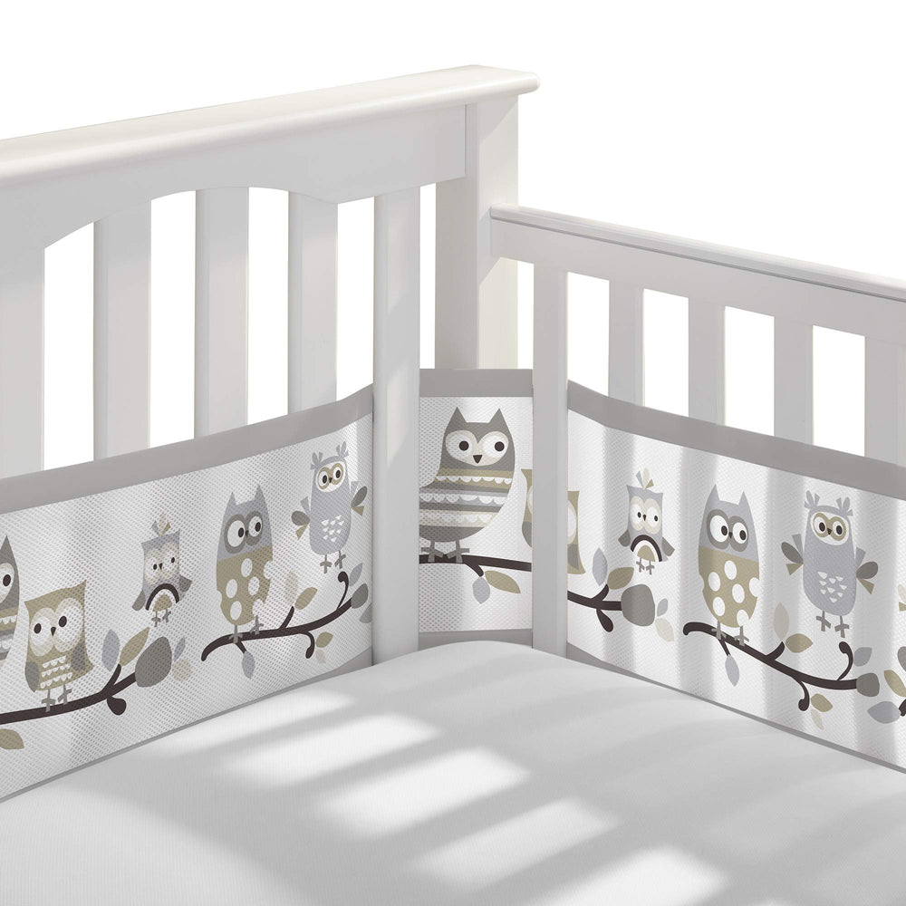 BreathableBaby breathable mesh liner closeup shows 3mm owl fun gray for safe airflow.