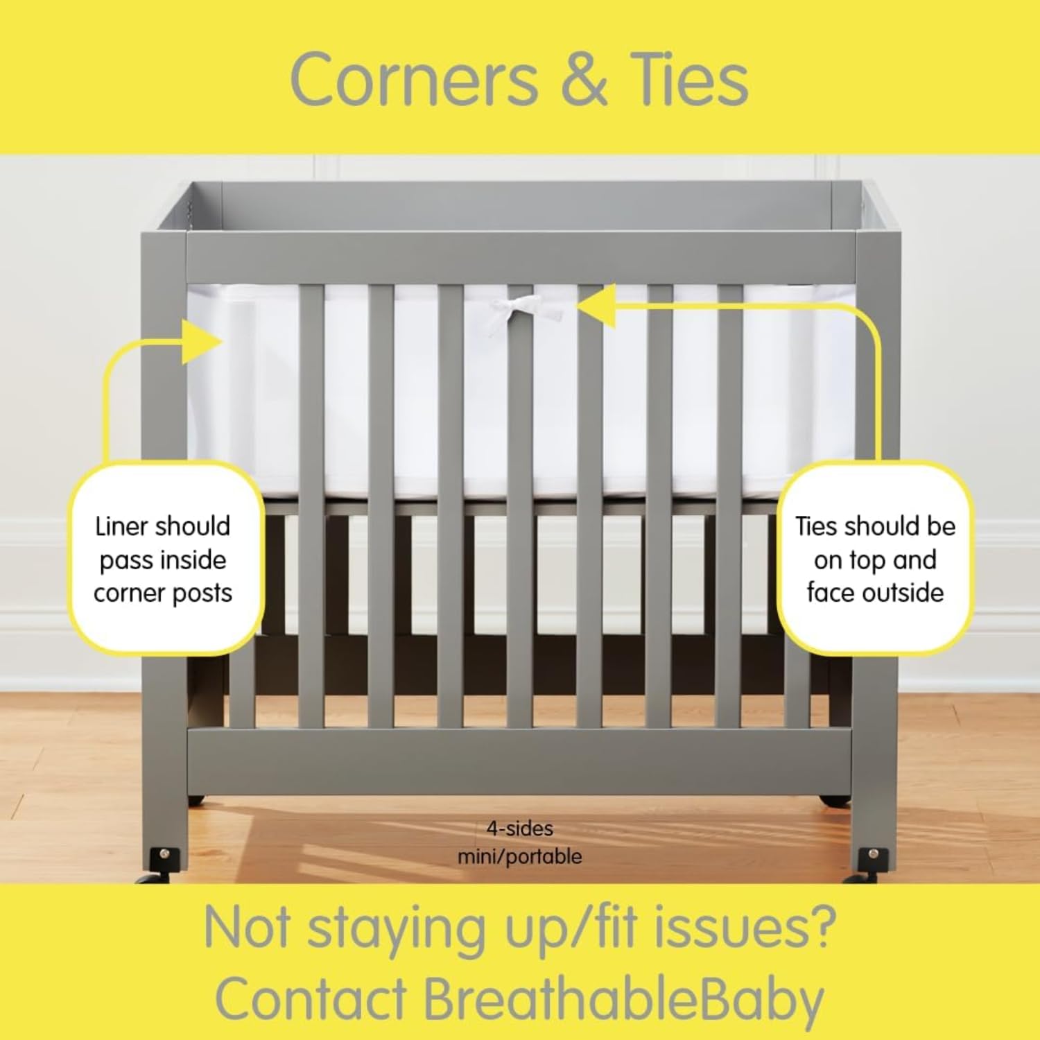 BreathableBaby crib liner four-sides coverage demonstrates safe boundary for tiny limbs.