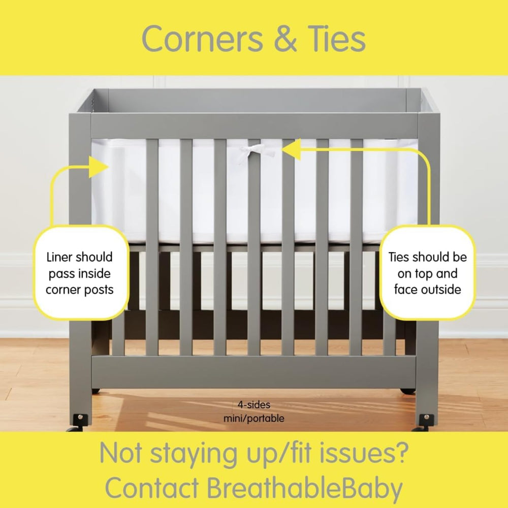 BreathableBaby crib liner four-sides coverage demonstrates safe boundary for tiny limbs.