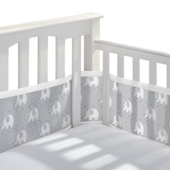 BreathableBaby Peaceful Elephants crib liner packaging highlighting easy setup and safety-conscious design.