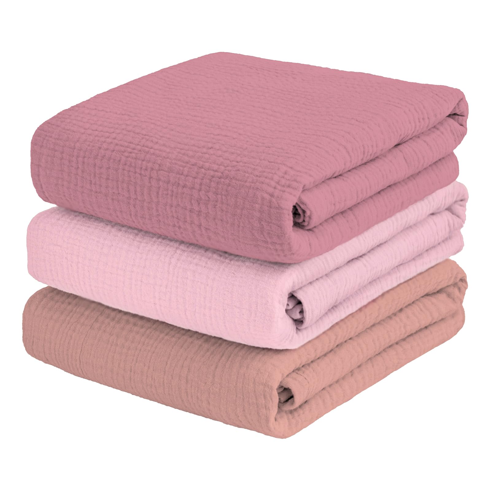 breebleep muslin swaddle blanket pink 3-pack folded for travel and cuddly comfort