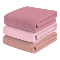 breebleep muslin swaddle blanket pink 3-pack folded for travel and cuddly comfort