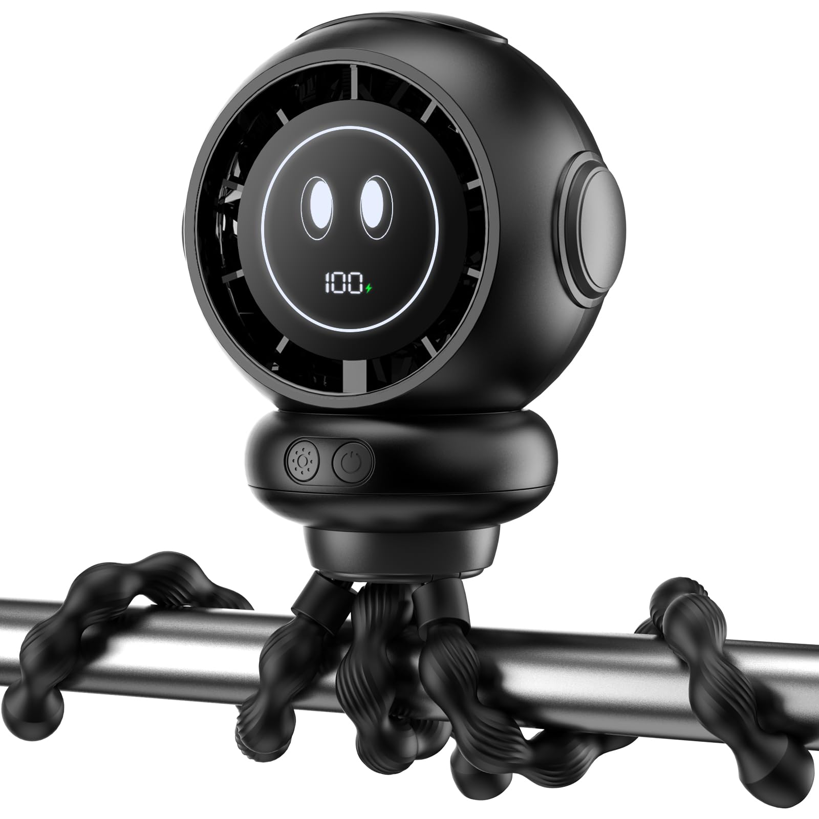 BreezeBoost Stroller Fan front view, safe blades and quiet cooling for on-the-go naps.