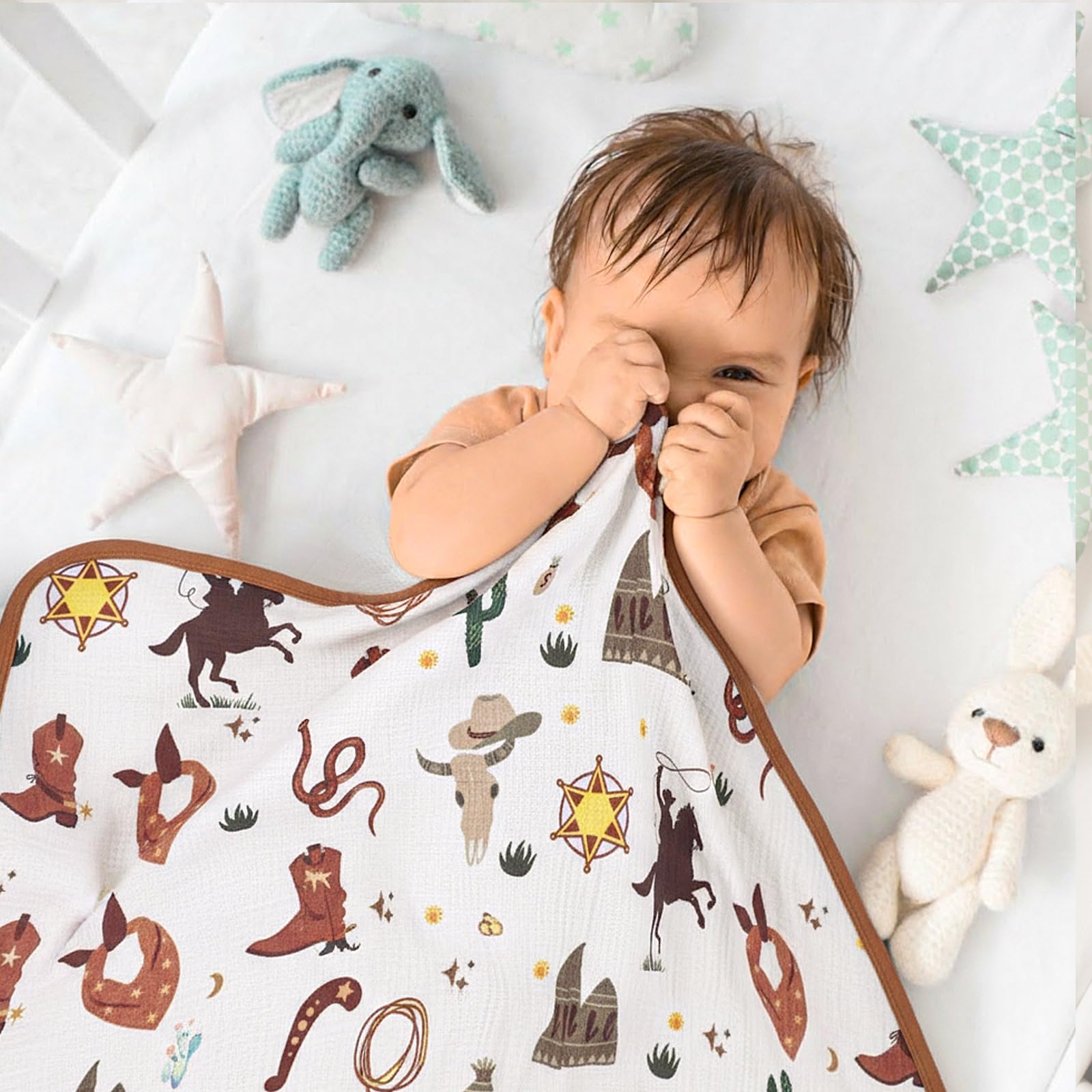 Breling baby nursery decor blanket showcases stylish white-and-yellow cowboy motif