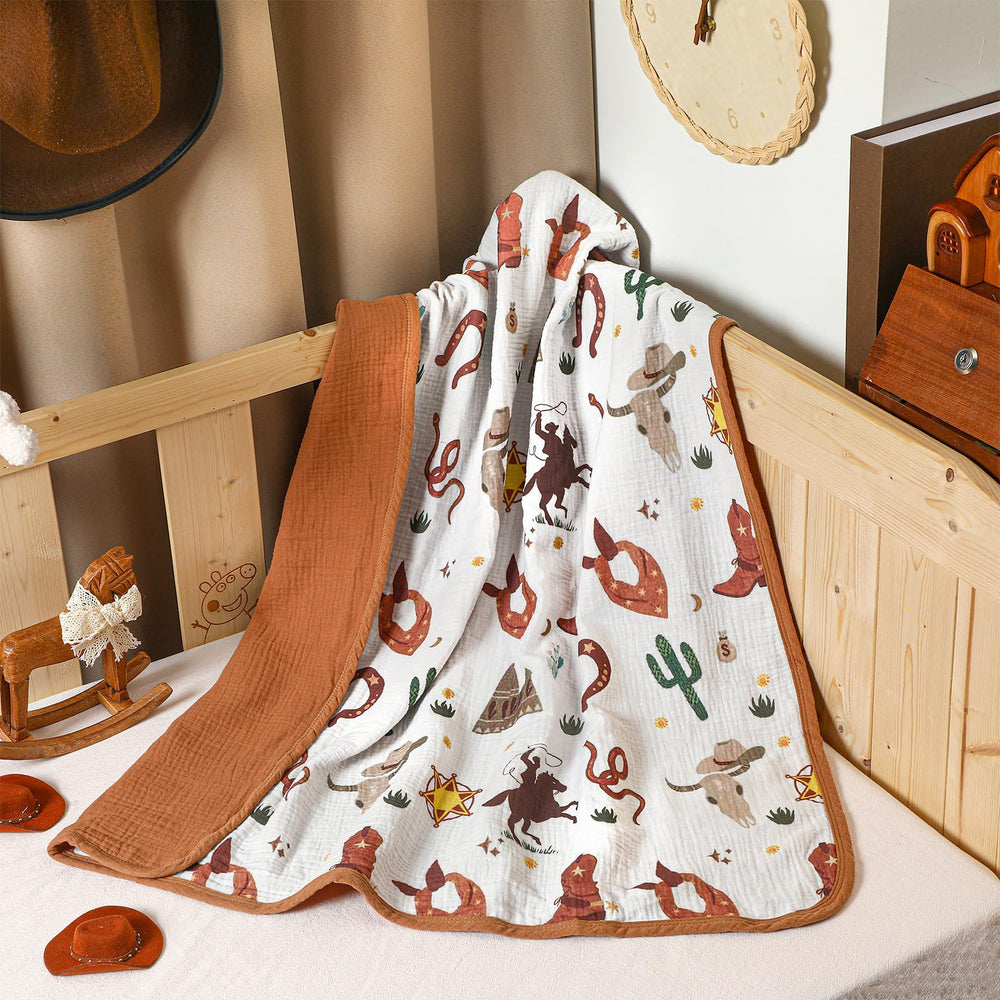 Breling Western Cowboy Muslin Blanket hero image shows soft, breathable baby cover for naps