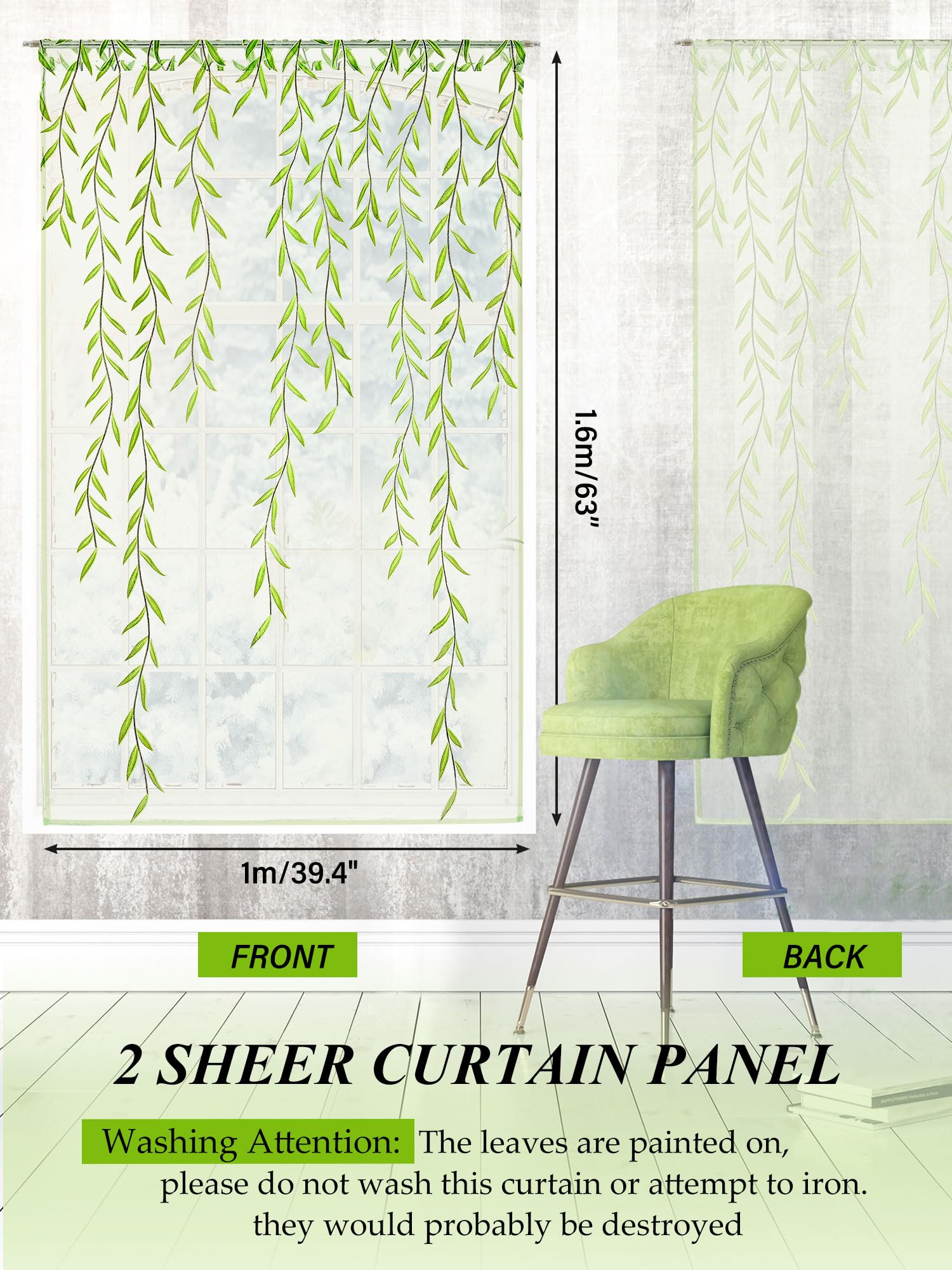 Breling Willow Voile Curtains leaf-pattern close-up with printed green leaves for natural decor