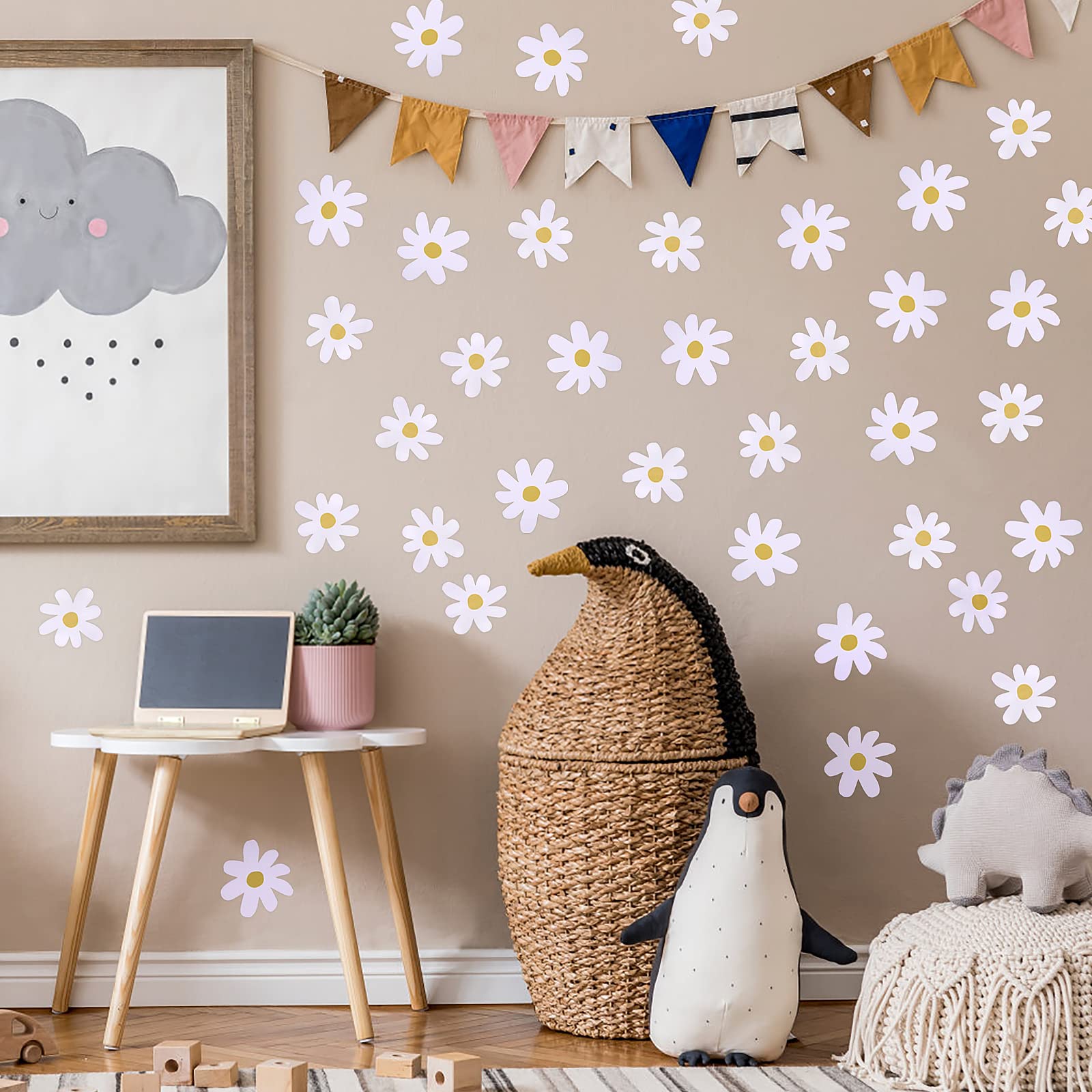 Bremorou daisy decals on walls, tiles, glass brighten multiple surfaces.