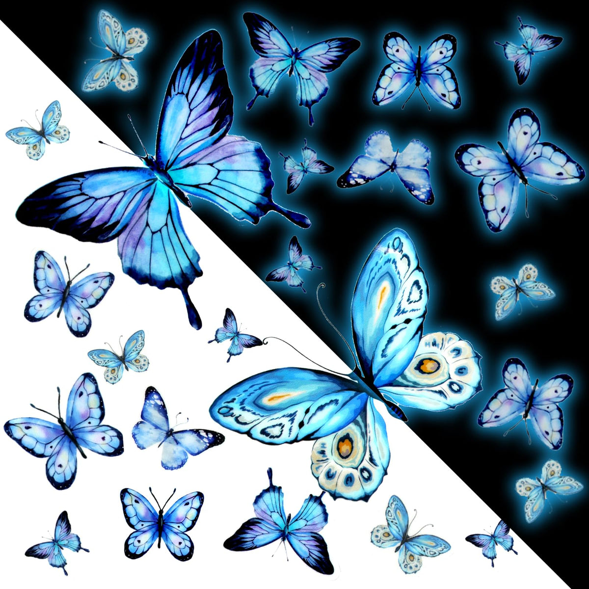 Bremorou glow-in-the-dark butterflies wall stickers blue day view brighten kids room night light.
