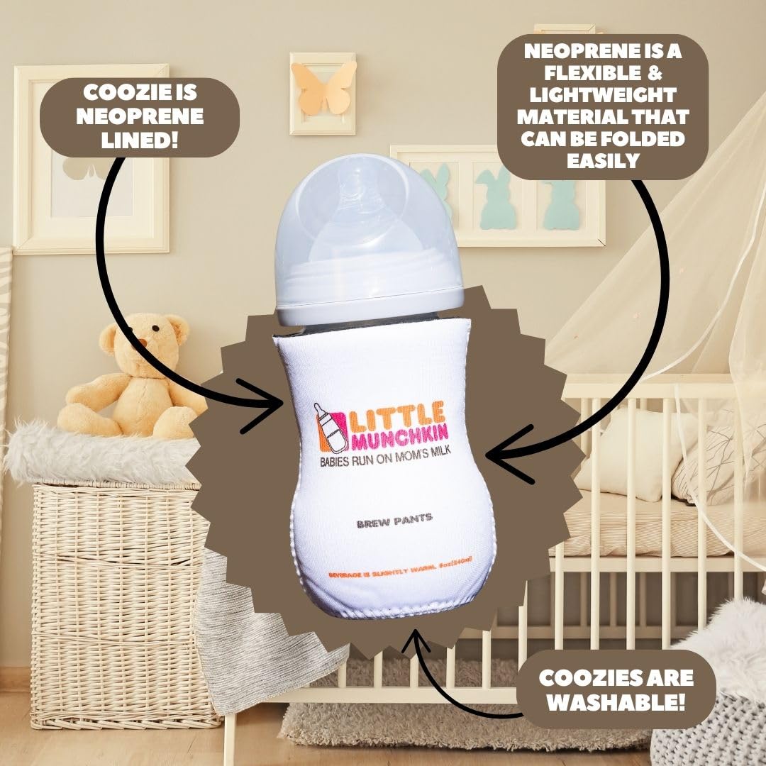 BREW PANTS coozies sterilizer safe bottle explains compatibility with high-temp cleaning.