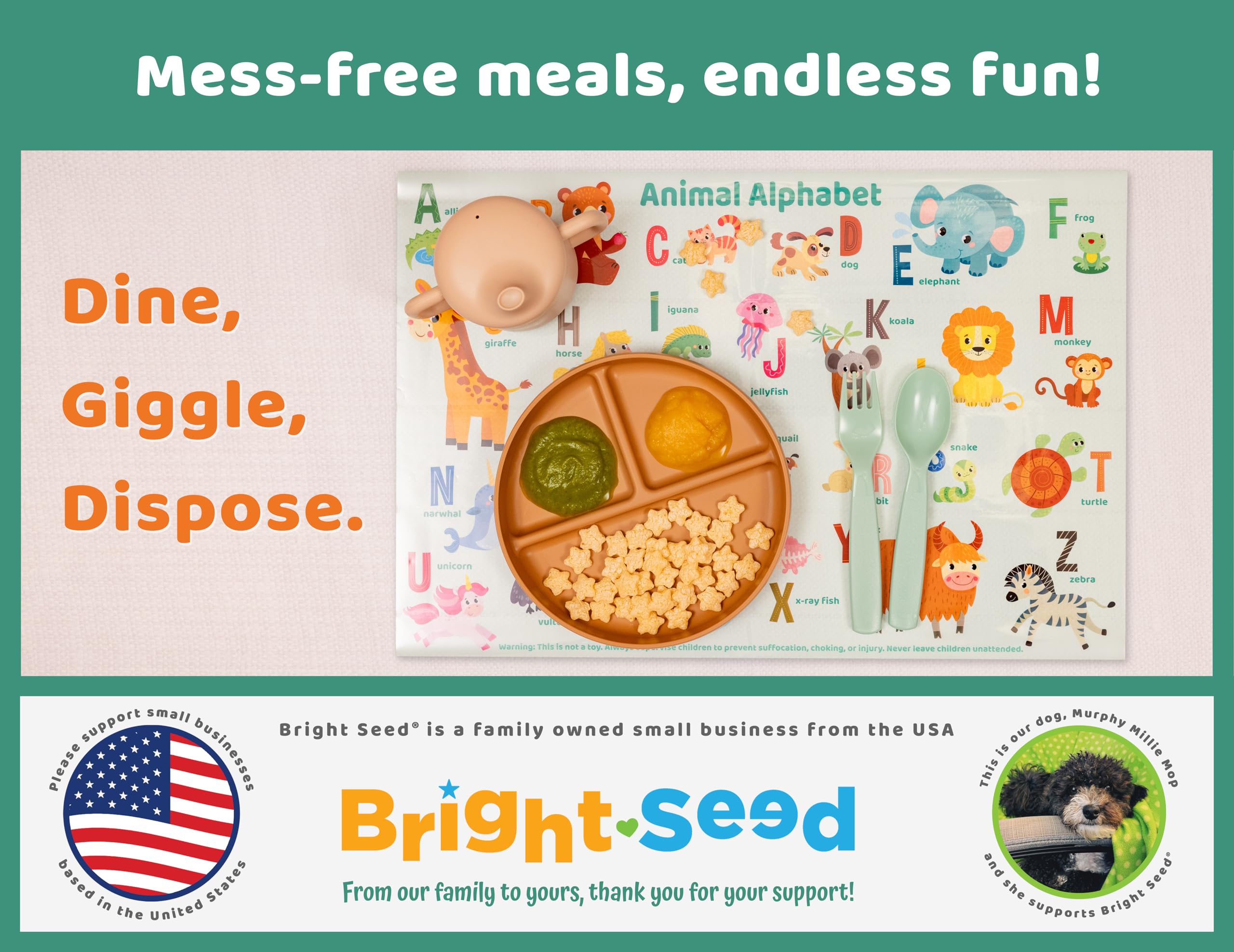 Bright Seed baby toddler mealtime placemats support learning and cleanups away from home.