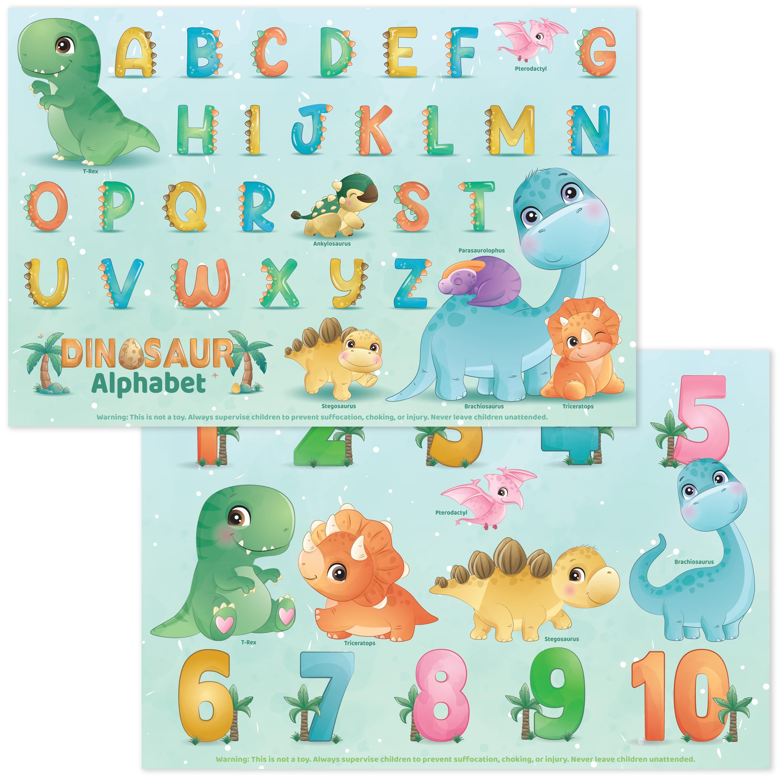Bright Seed disposable placemats with dinosaurs-abc design for learning during meals.