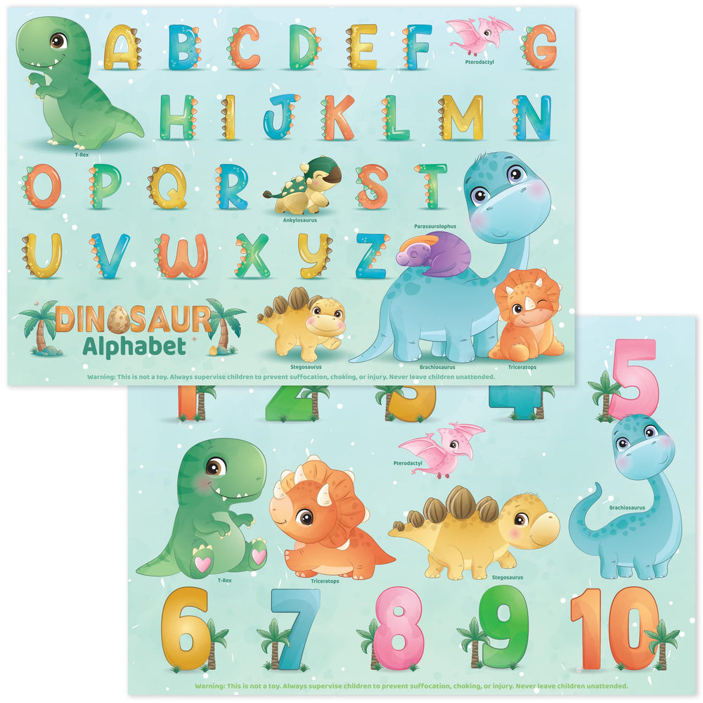 Bright Seed disposable placemats with dinosaurs-abc design for learning during meals.