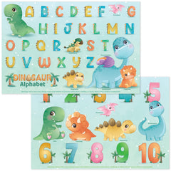 Bright Seed disposable placemats with dinosaurs-abc design for learning during meals.