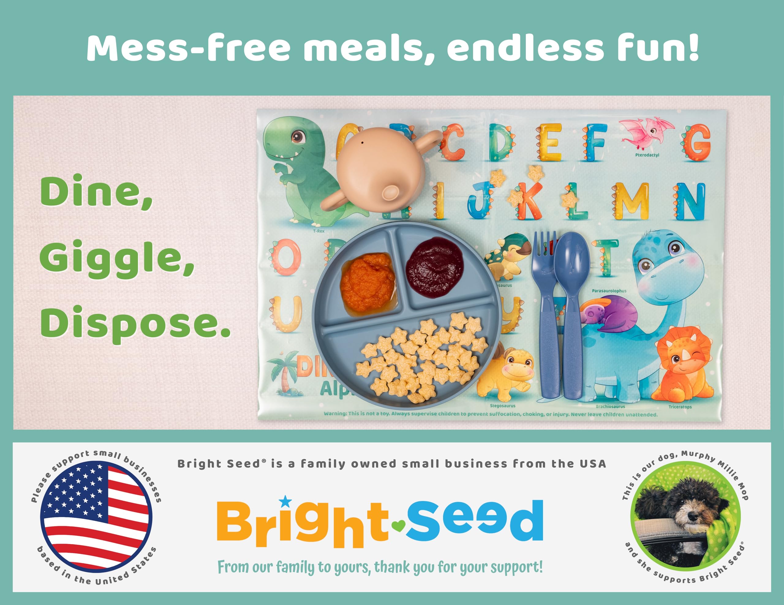 Bright Seed disposable placemats easy-cleanup design simplifies post-meal cleanup.