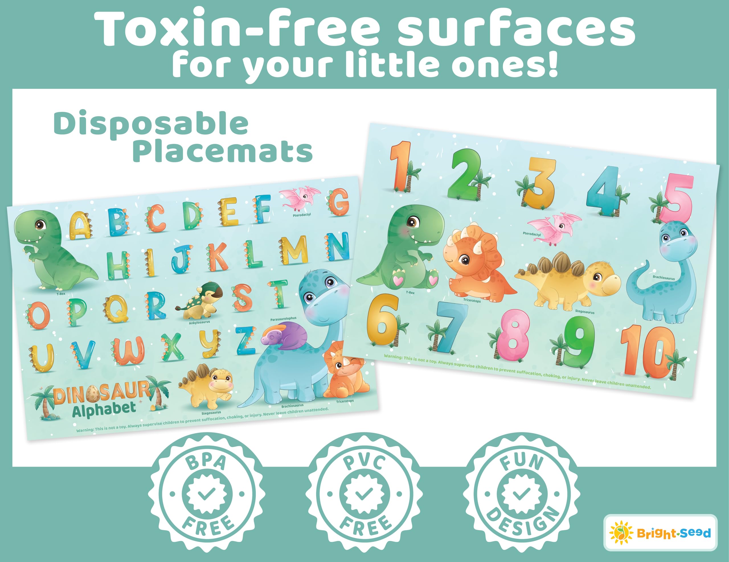 Bright Seed disposable placemats with letters-numbers design for kid-friendly learning at mealtime.