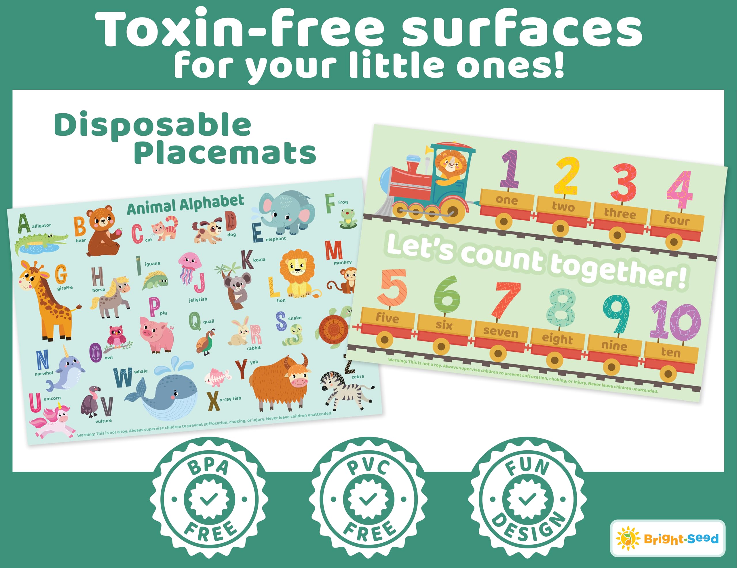 Bright Seed mealtime fun design placemats brighten dining and reduce mess.