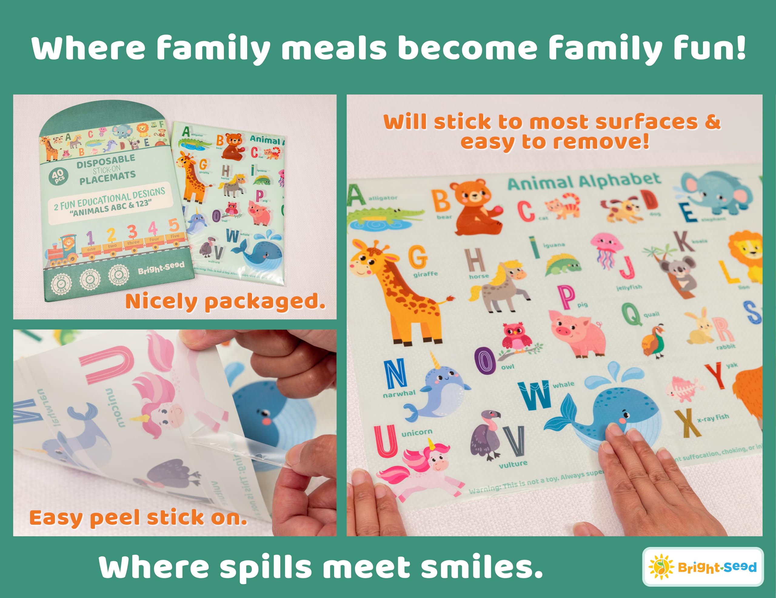 Bright Seed stick-on placemats cling for quick, mess-free table protection.