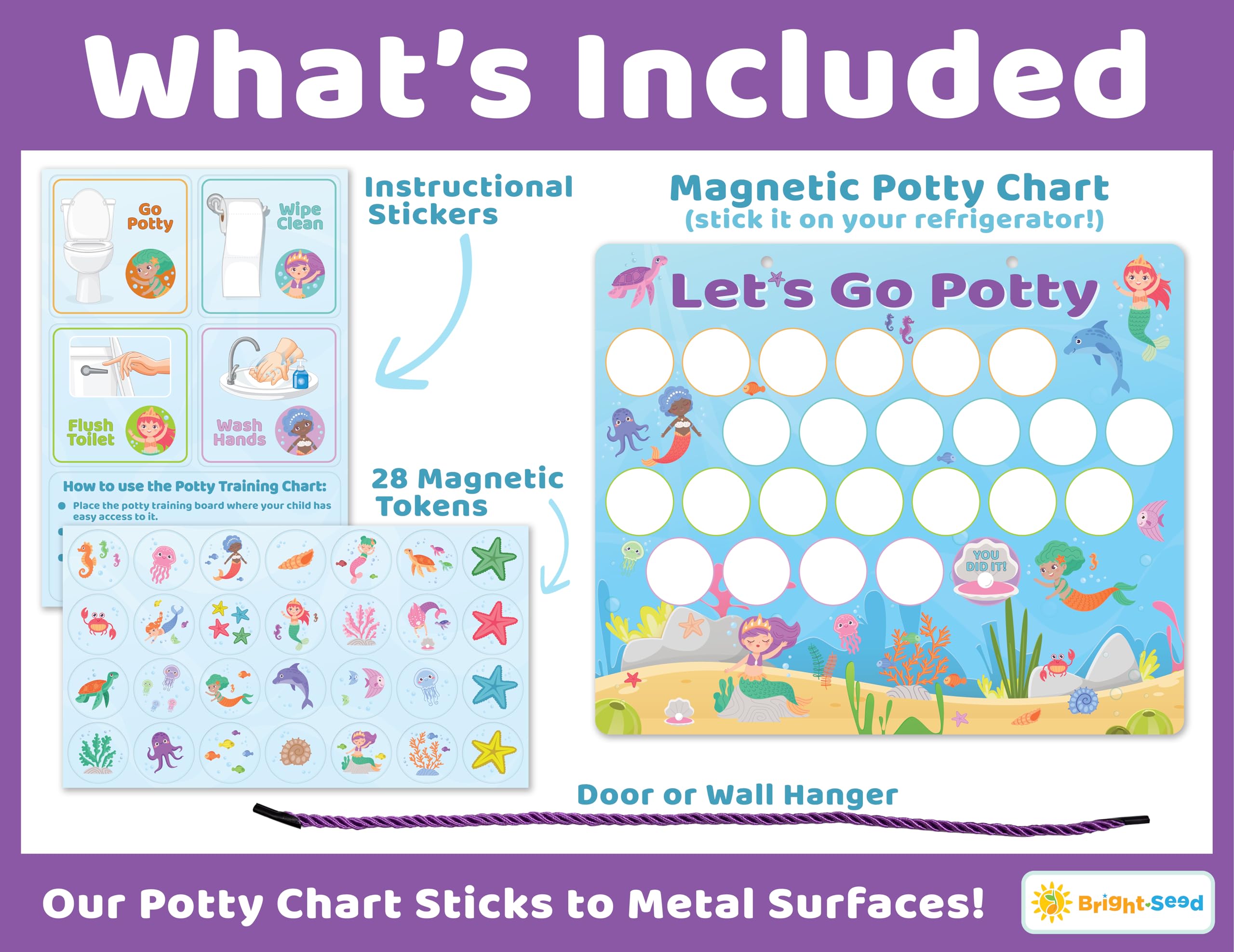 Bright Seed Mermaids Potty Chart magnetic chips highlight reward system for daily consistency.
