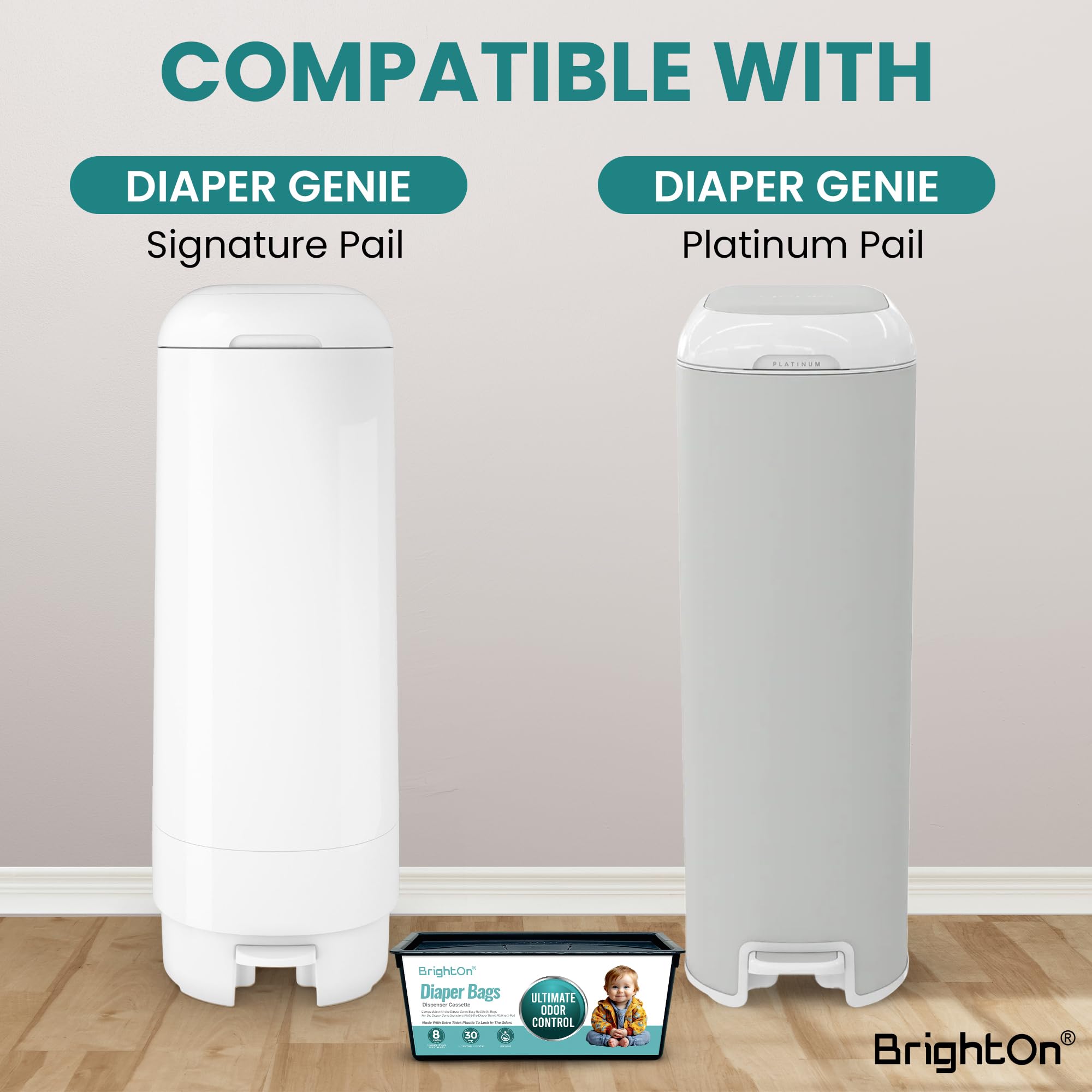 BrightOn Diaper Pail Bags compatibility image shows Genie fit.