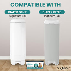 BrightOn Diaper Pail Bags compatibility image shows Genie fit.