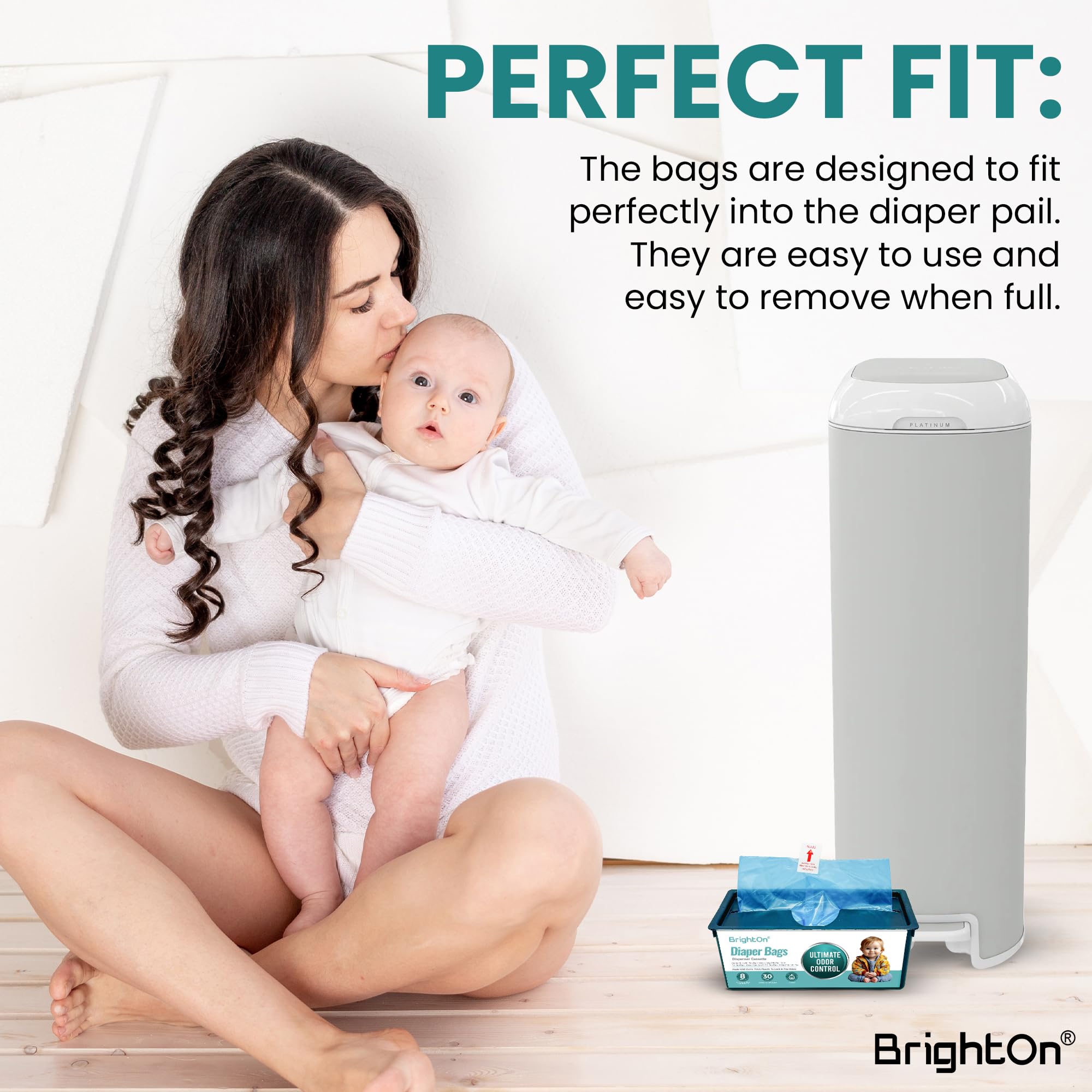 BrightOn Diaper Pail Bags unscented feature emphasizes odor containment.