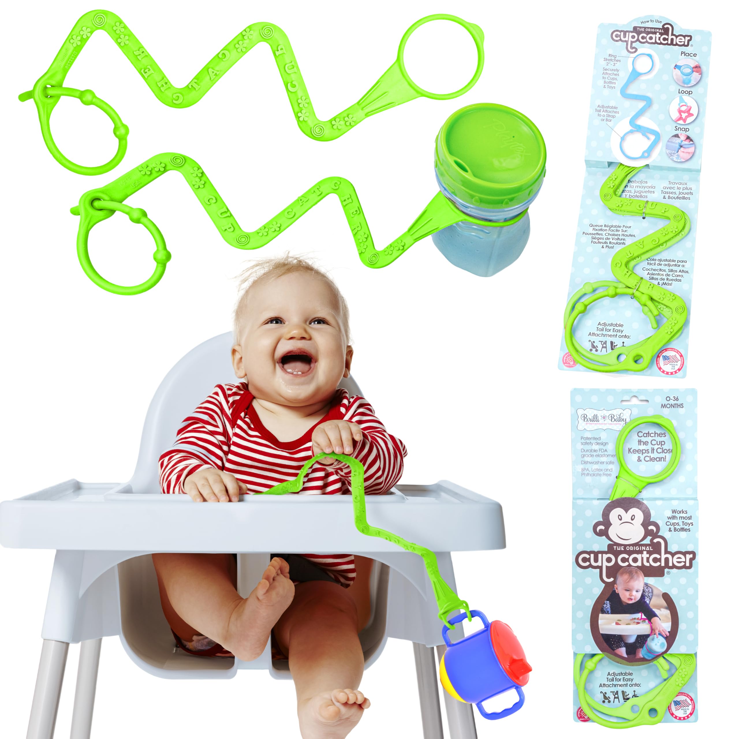 Brilli Baby Cup Catcher close-up showing a secure tether keeps cups attached during outings.