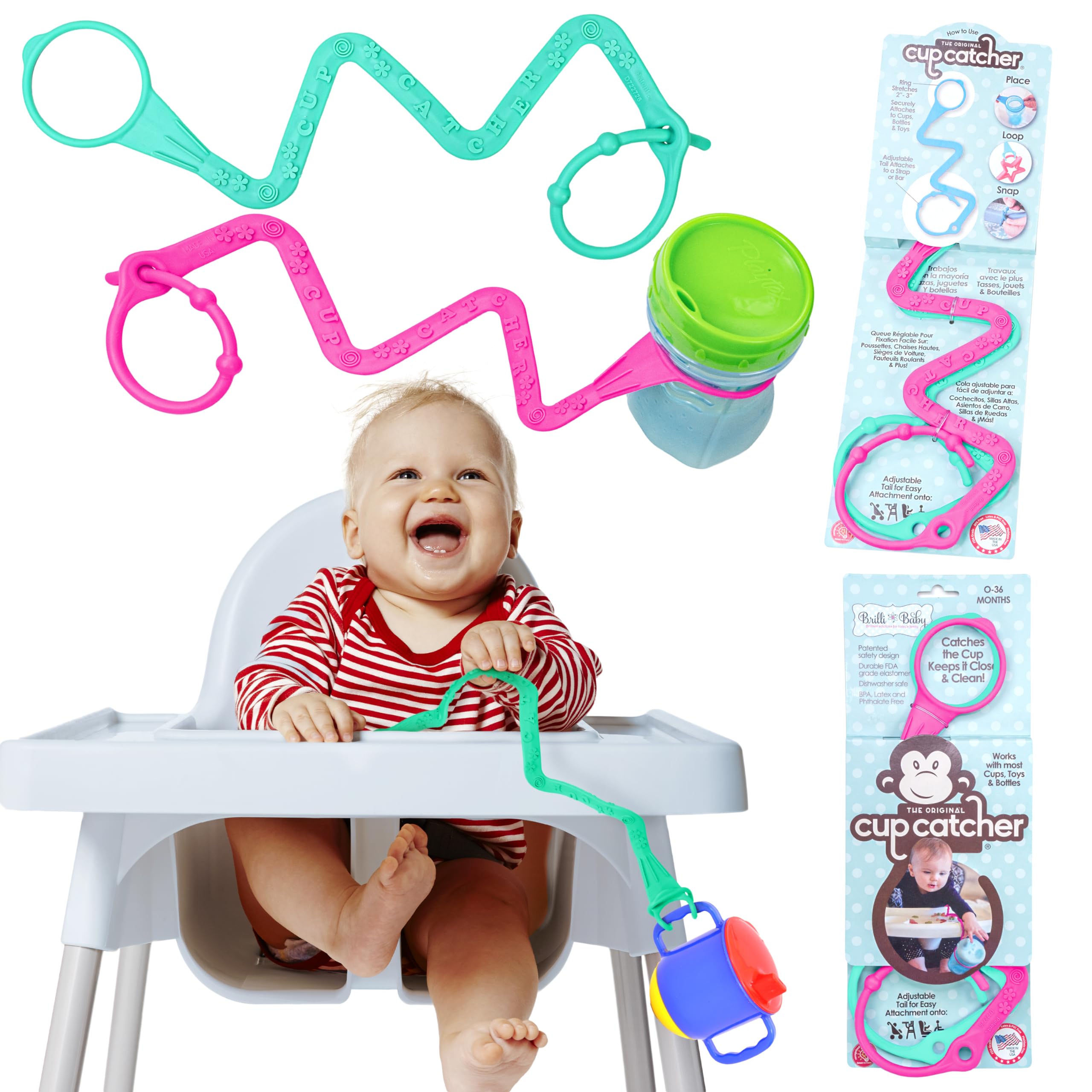 Brilli Baby Cup Catcher attached to a stroller for mess-free outings.
