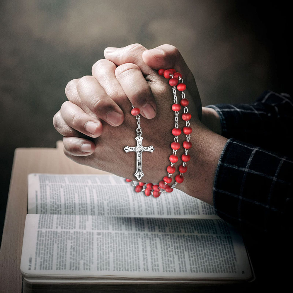 Brilucky red rosary beads worn as everyday necklace with cross pendant.