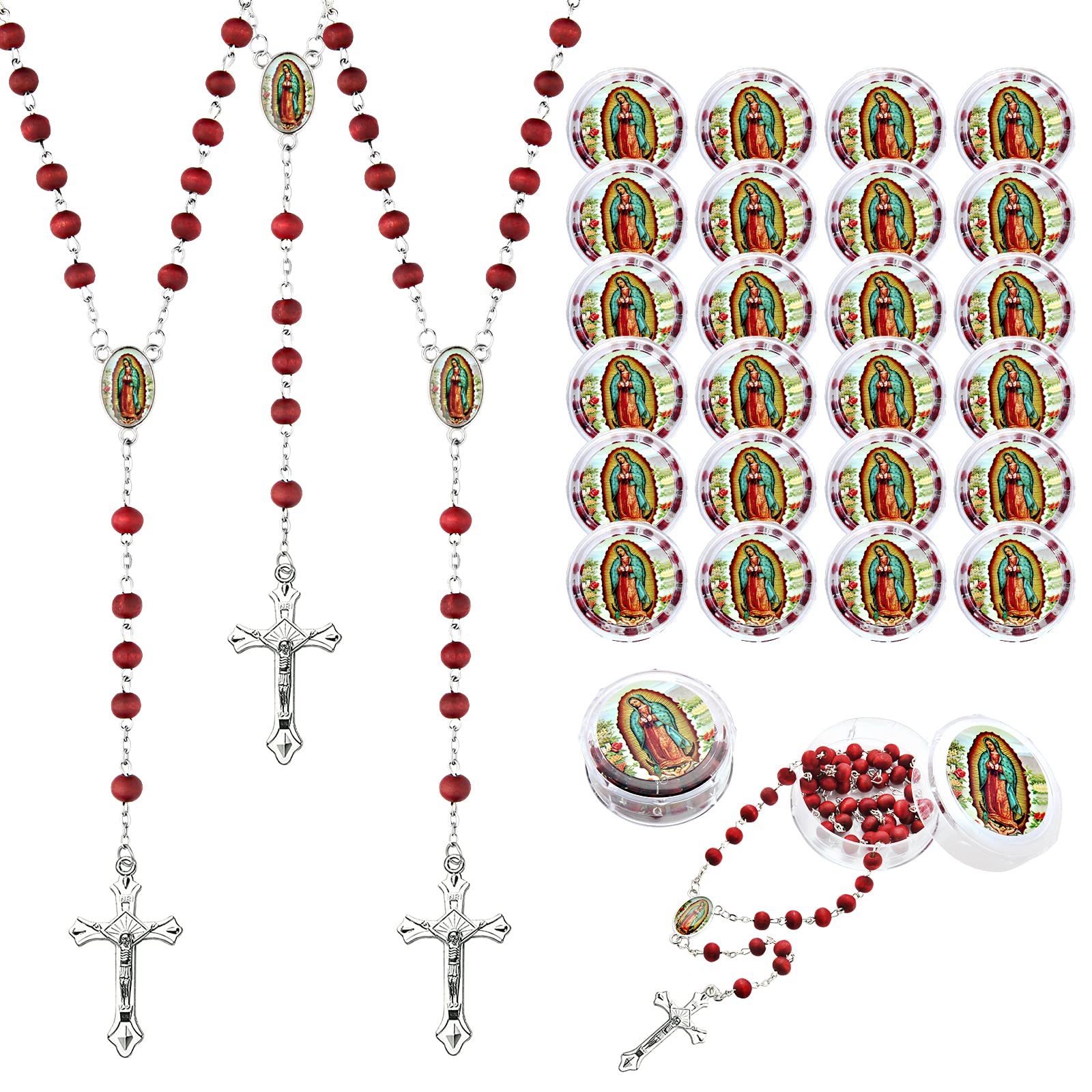 Brilucky red rosary with Our Lady pendant in gift box for baptism favors.