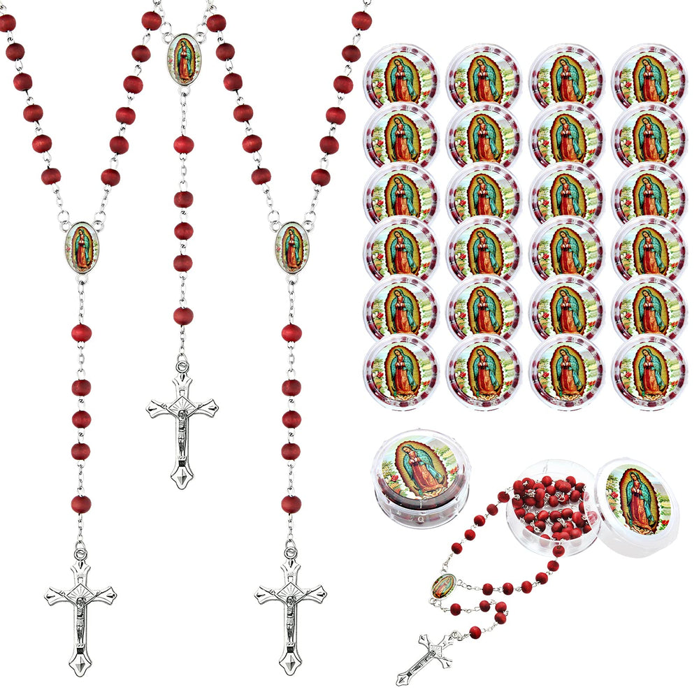 Brilucky red rosary with Our Lady pendant in gift box for baptism favors.