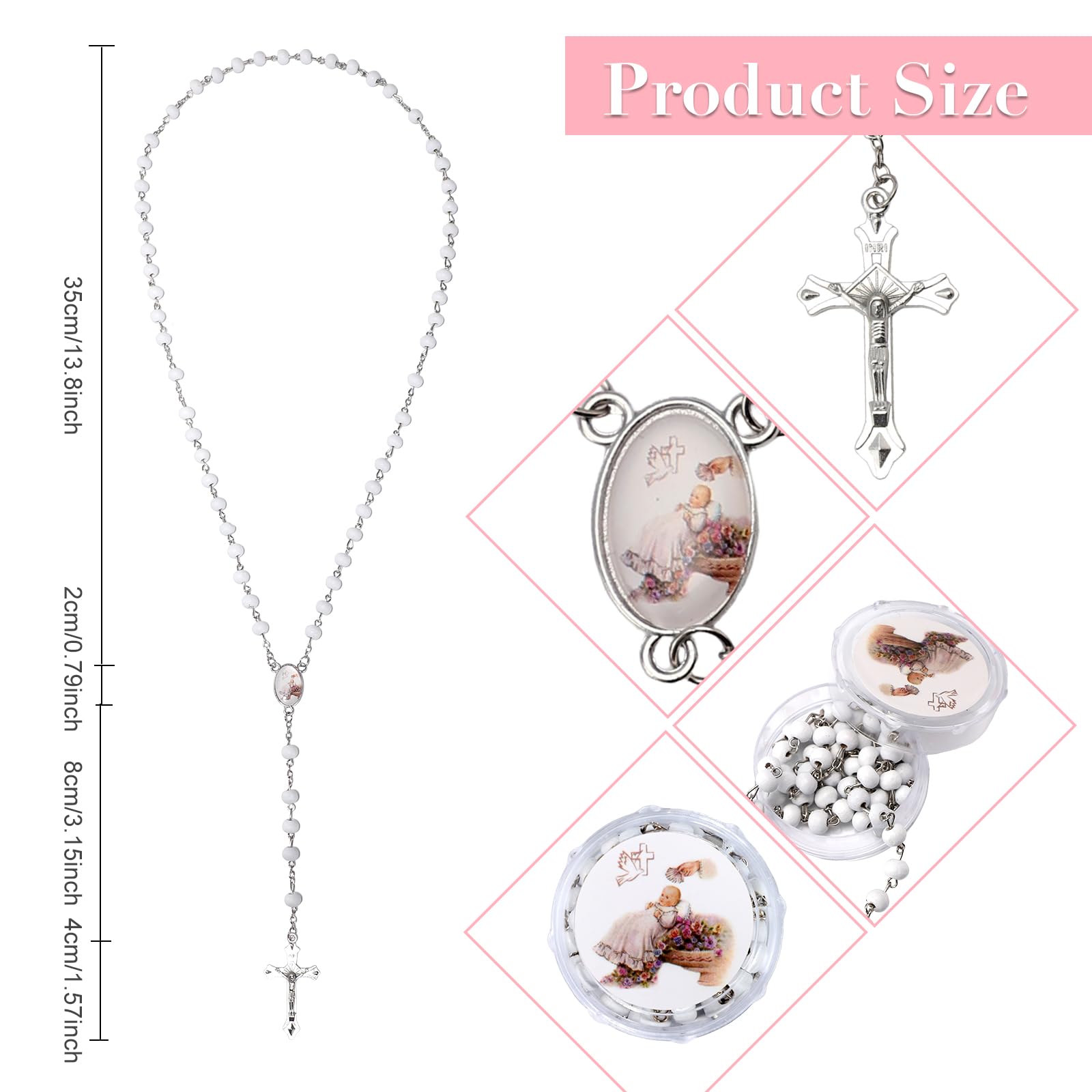 Brilucky white wood beads rosary closeup with 6mm beads and cross