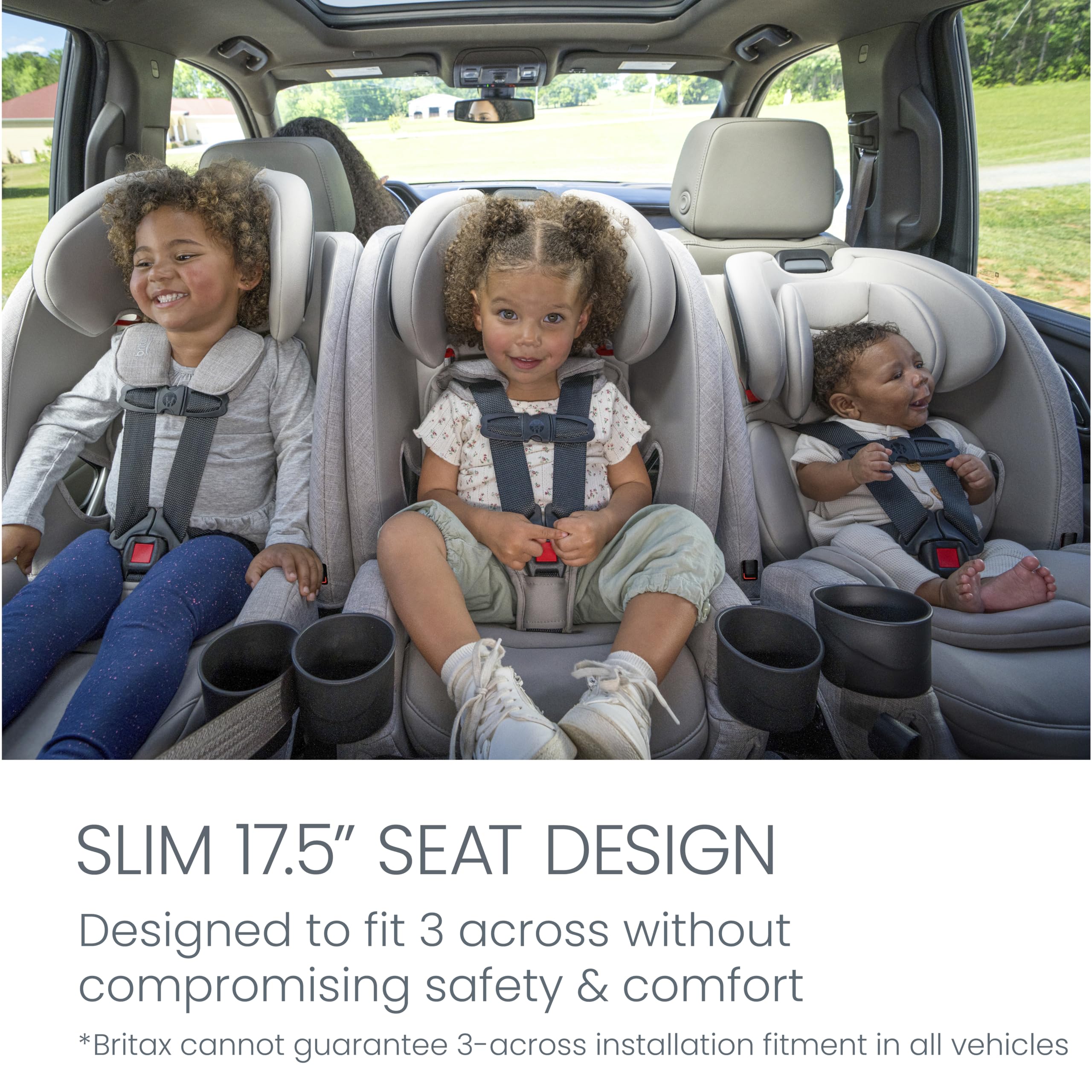 Britax One4Life Slim SpaceSaver design supports 3-across seating in many cars.
