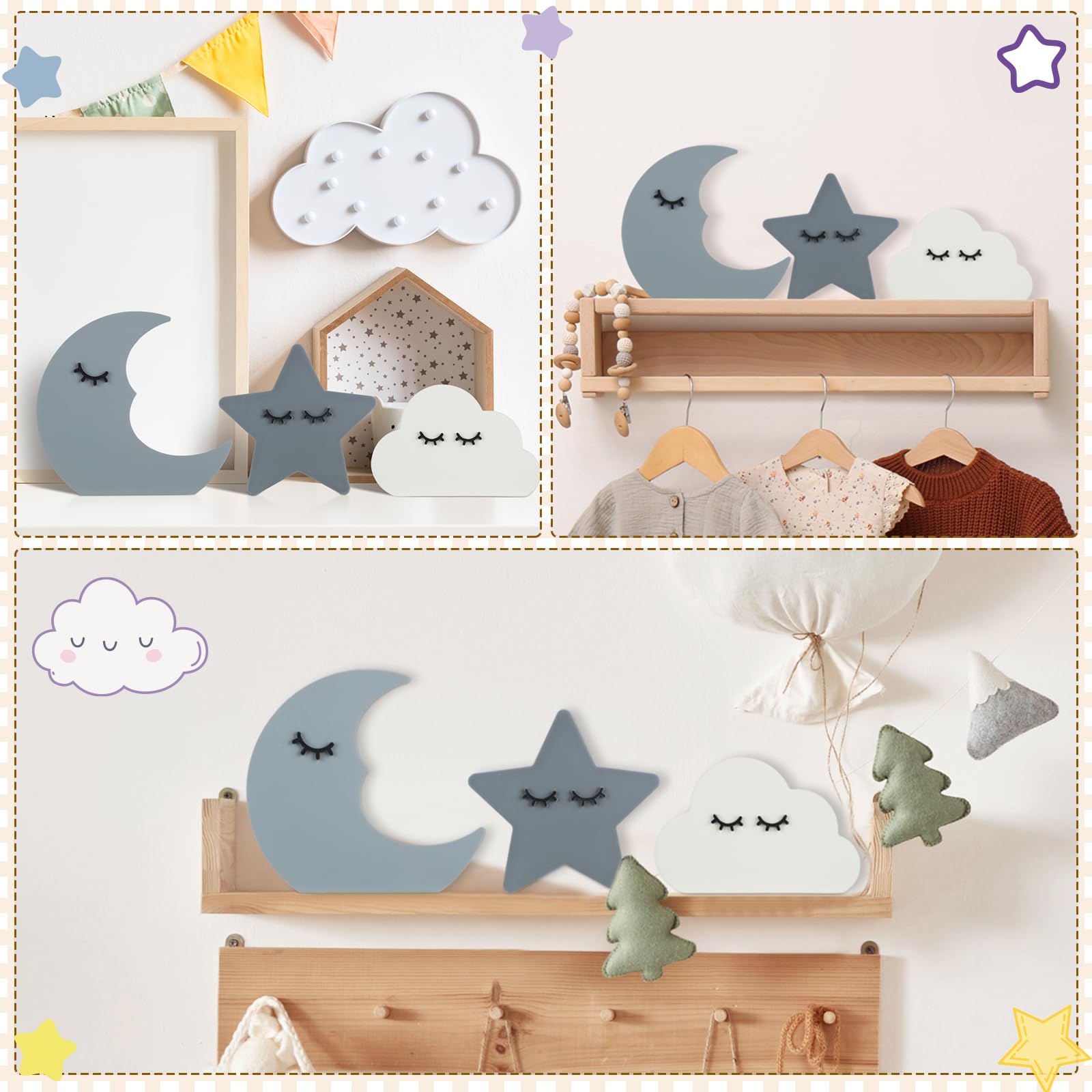 Briwooody Moon Stars Cloud arrangement completes nursery room setup with versatile placement options