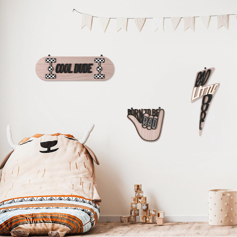 Briwooody Rad Little Dude wood sign setup sparks playful room vibe.