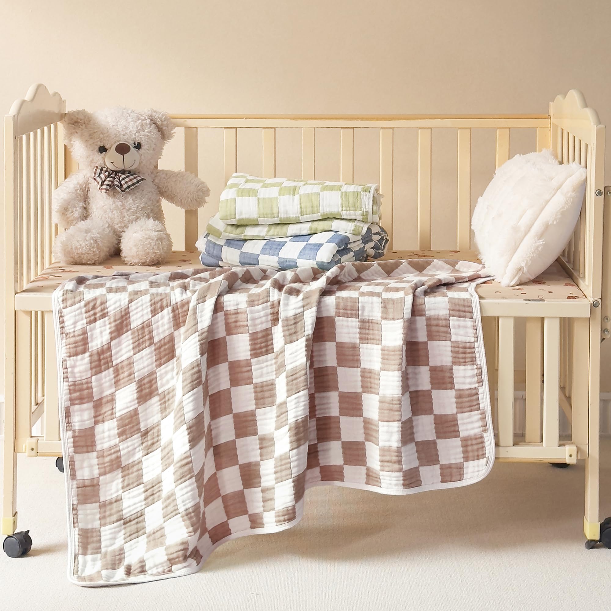 Brnabiou blanket 41x41 swaddle-use scene highlighting breathable lightweight weave in coffee