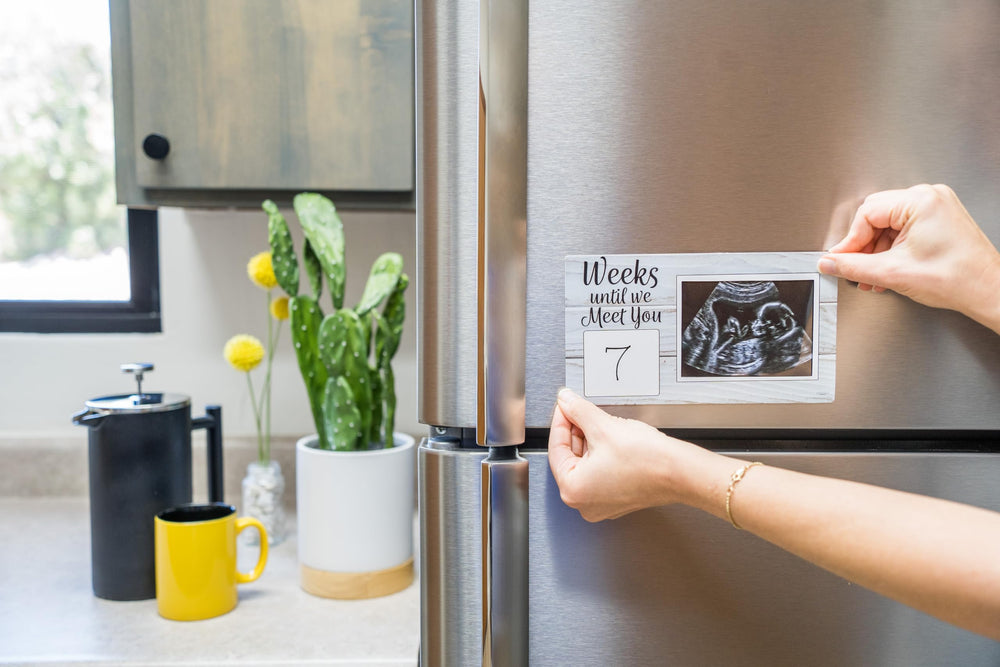 Brothers Bench farmhouse wood frame ultrasound display for fridge photos and baby announcements