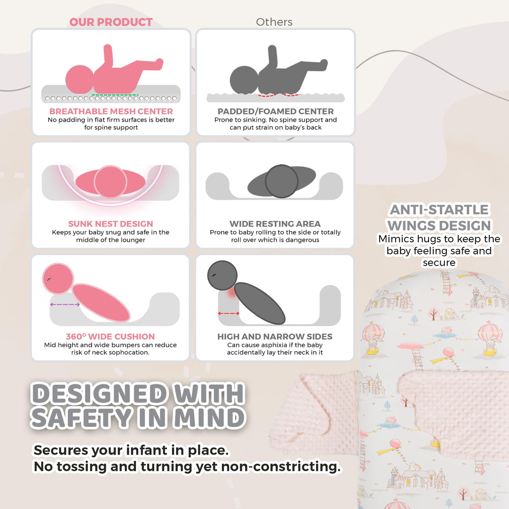 Brunees baby lounger pink anti-startle straps provide added calm and snug security.