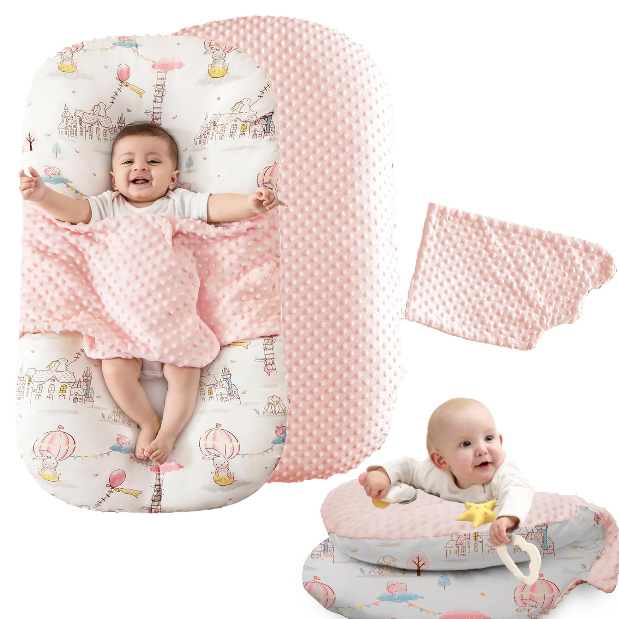 Brunees baby lounger pink compact packaging demonstrates easy storage and freshness.