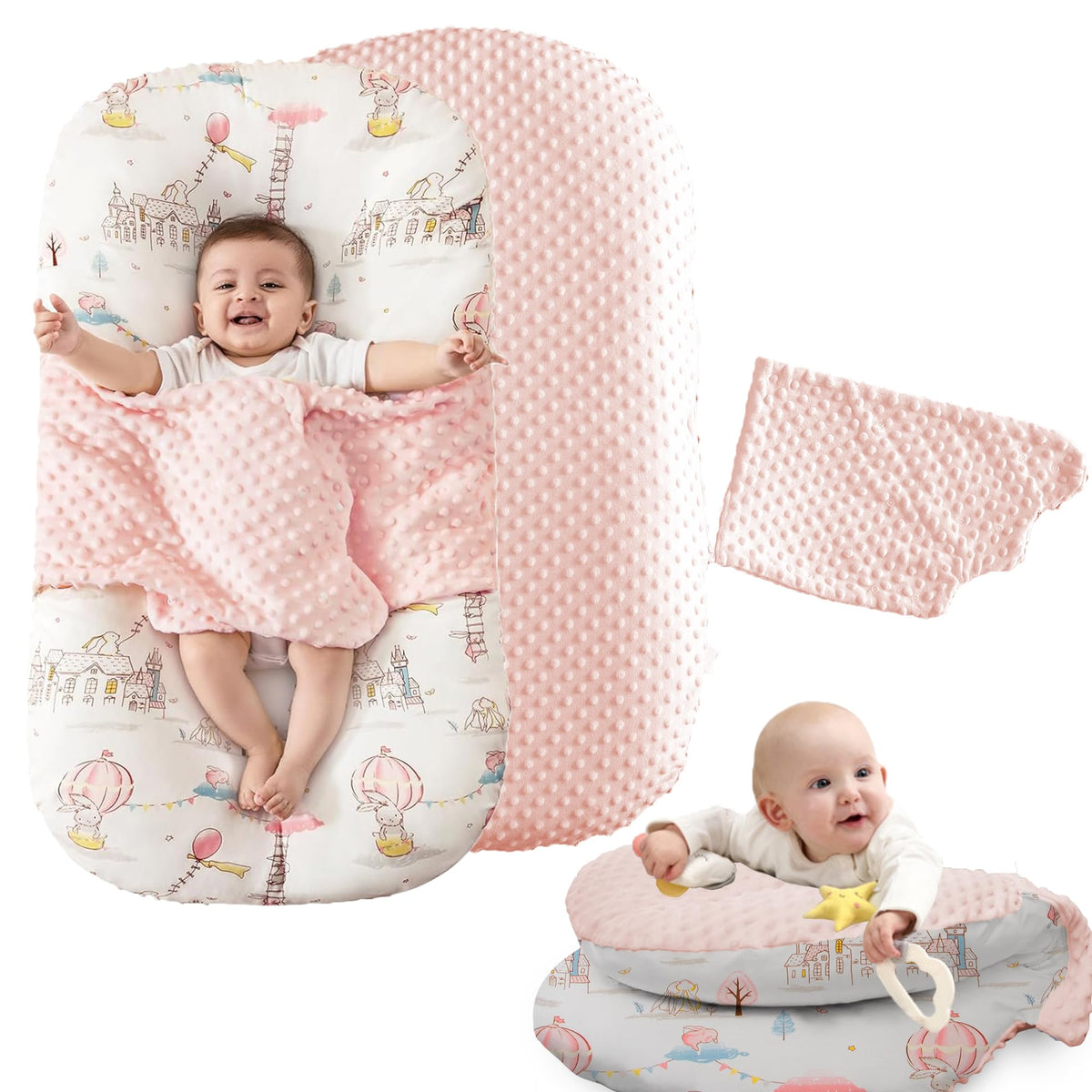 Brunees baby lounger pink compact packaging demonstrates easy storage and freshness.