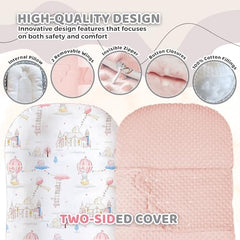 Brunees baby lounger pink side view highlights generous space for growing babies.