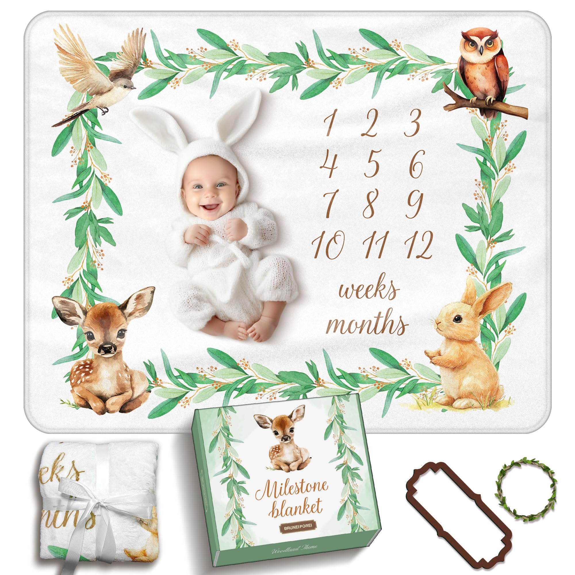 BRUNEI POREI Woodland Milestone Blanket flat lay shows 50x40 inches for monthly photos