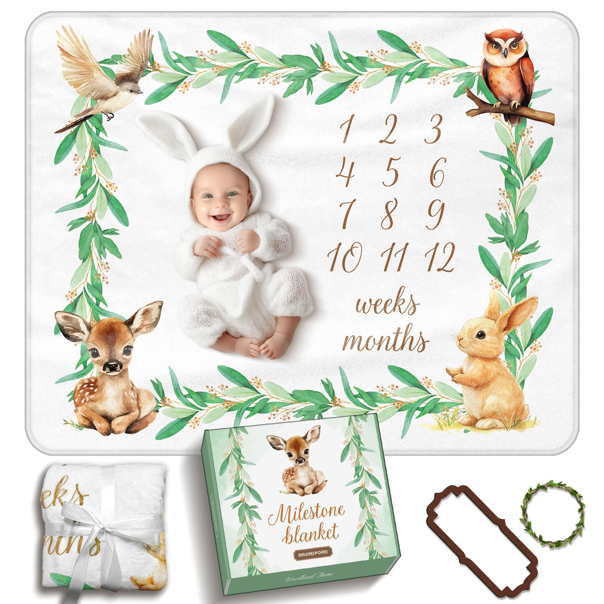 BRUNEI POREI Woodland Milestone Blanket flat lay shows 50x40 inches for monthly photos