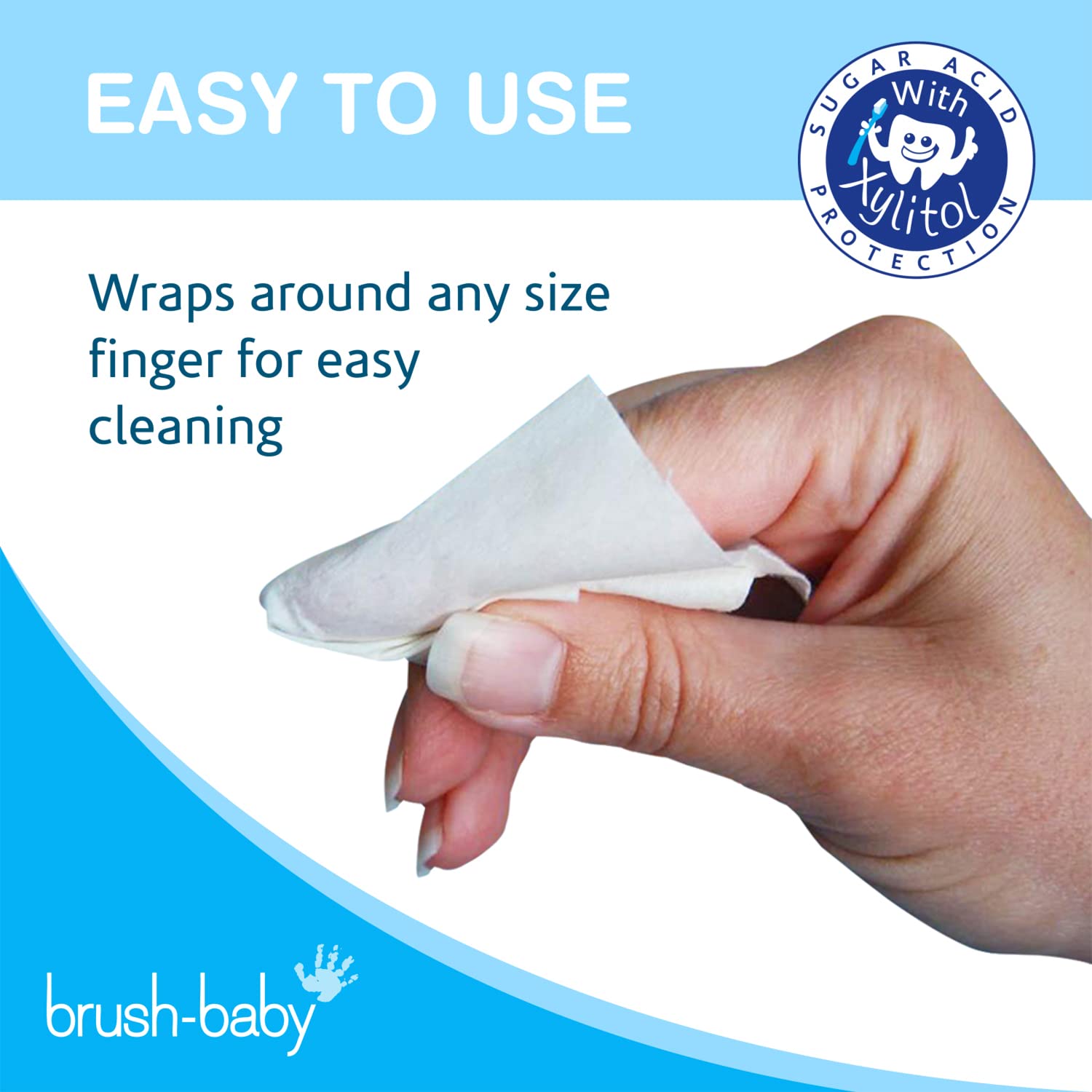 Brush Baby soft-durable wipes prevent tearing on developing teeth during use.